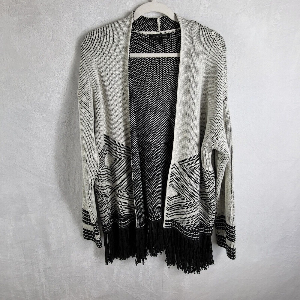 Banana Republic Women's‎ Open Cardigan Sweater Women XL Black White Fringe Aztec
